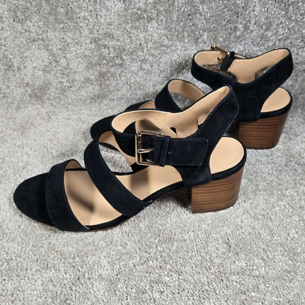 J.Crew Sandals Black Suede Three-Strap Buckle Stacked Heel Women 9